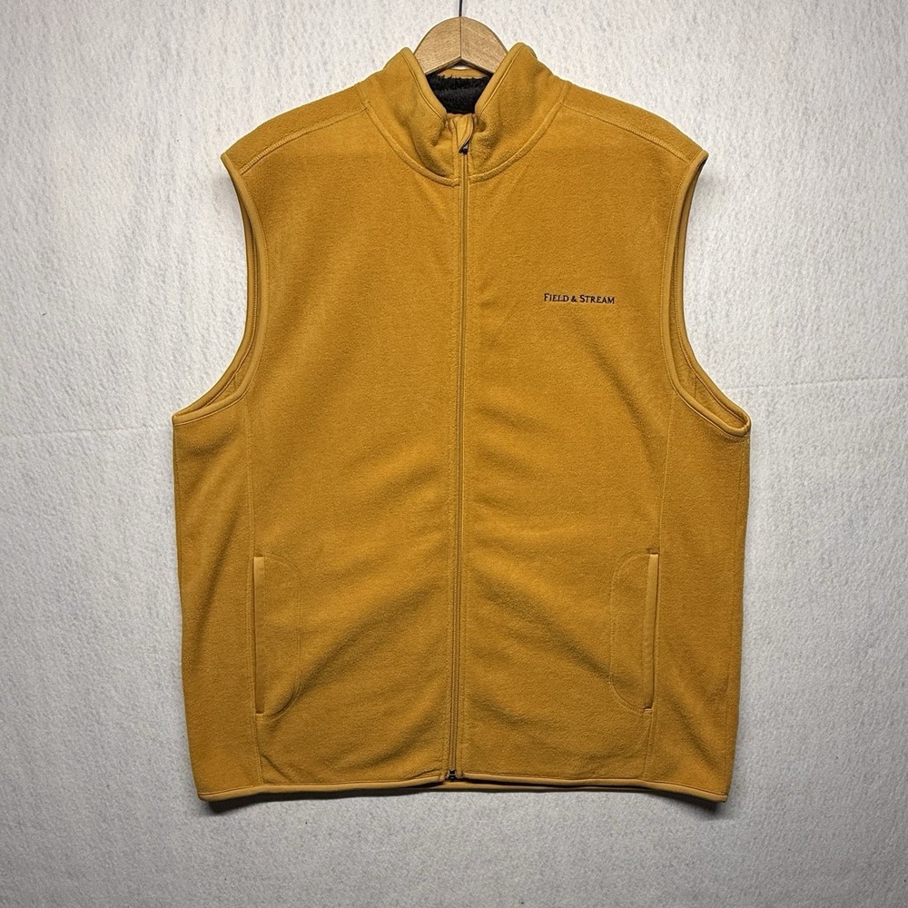 Field & Stream Mens Fleece Vest XL Mustard Yellow Full Zip Mock Neck Pockets